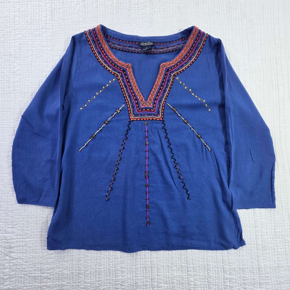 Lucky Brand Blue Boho Peasant Blouse M Beaded Embroidered Split Neck Festival